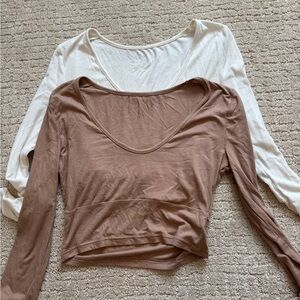 SHEIN White and Brown Long Sleeve Fitted Crop Blouses